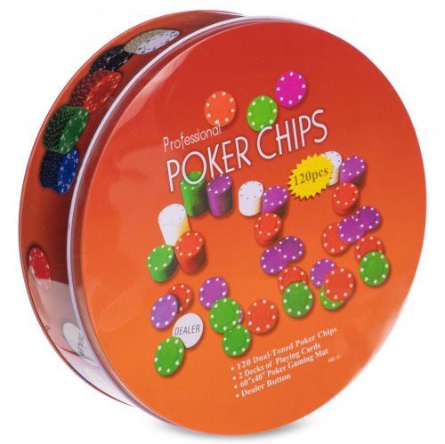 Настольная игра - Покерный набор на 120 фишек в круглой металлической коробке (Poker)