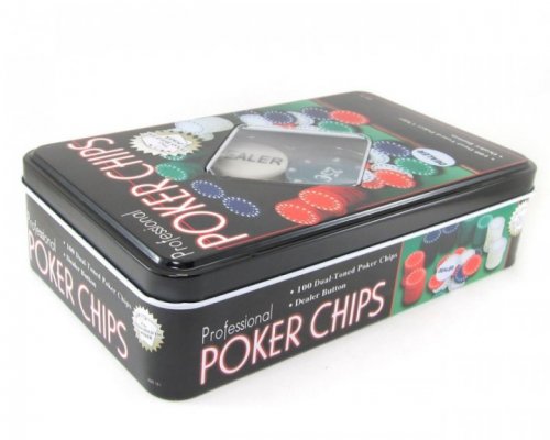 Настольная игра - Фишки для покера 100 фишек с номиналом в металлической коробке (Poker Chips)